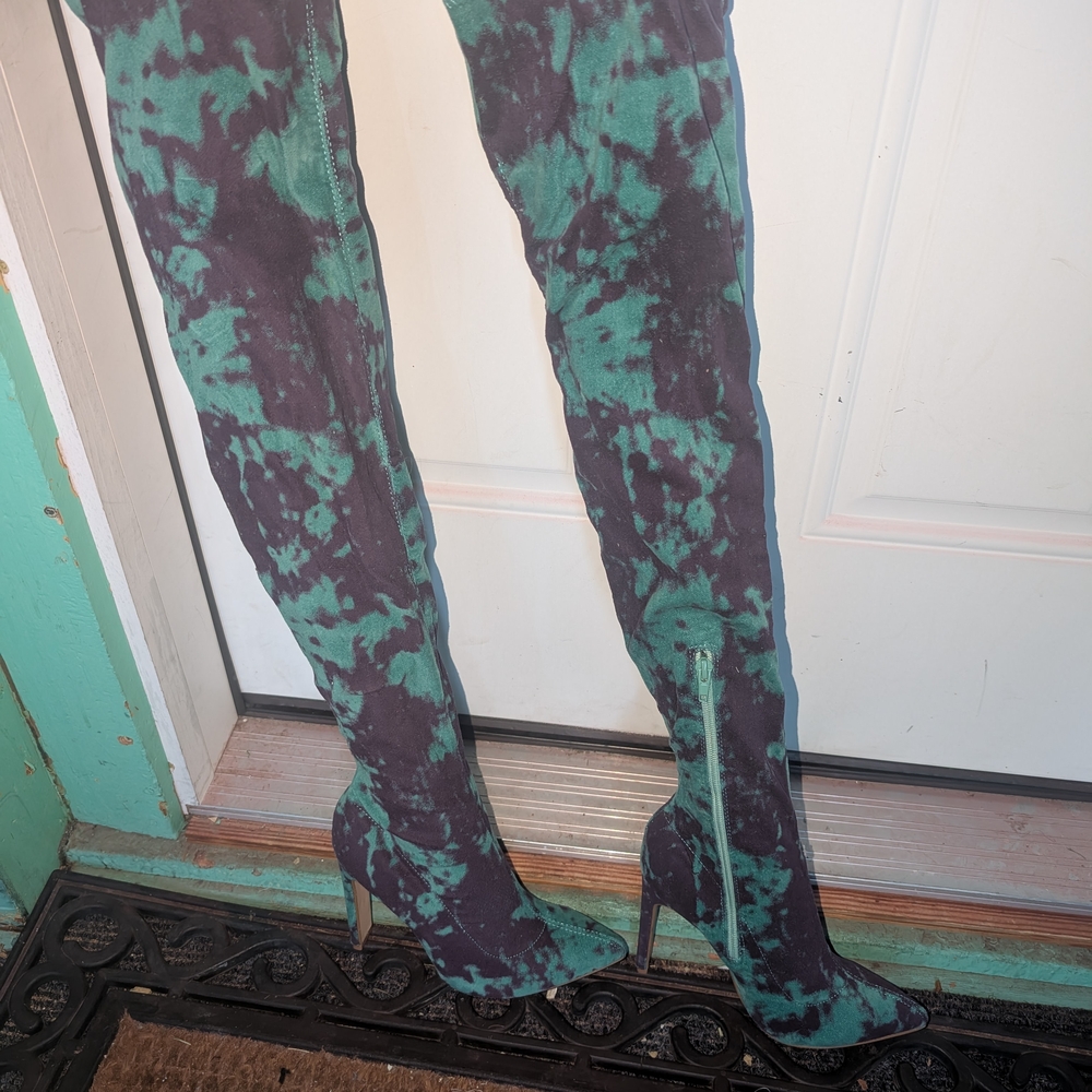 Green and Black Tie-Dye Thigh-High Boots